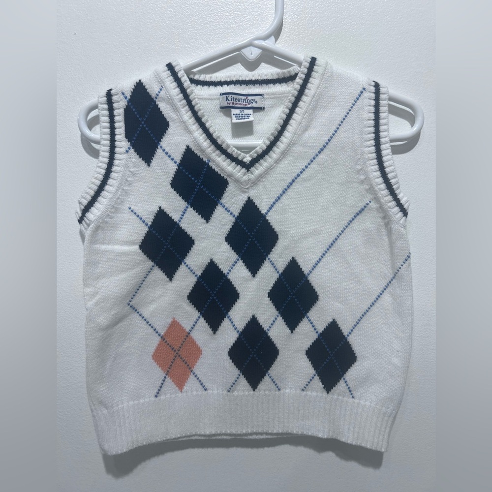 Kitestrings Boy White and Navy Sweater Vest‎ 100% Cotton Size 3T